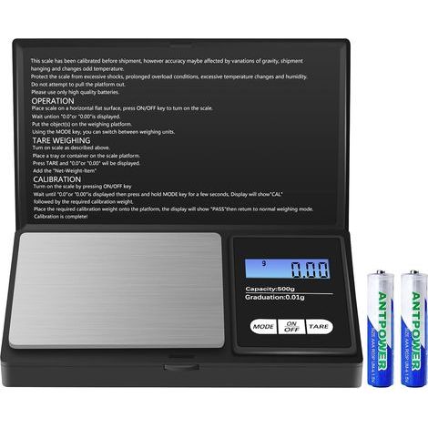 Balanza de precisión, 500 g/0,01 g, balanza de cocina, balanza digital portátil de bolsillo con pantalla LCD y función de tara, balanza para joyero, para joyas, café, etc. (pilas incluidas) (1/5)