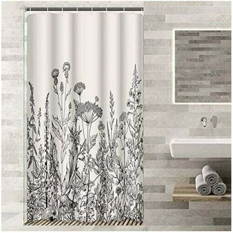 90 x 180cm Camper Stall Floral Border Shower Curtain, Herbs and Wildflowers, Vintage Botanical Engraving, Black Waterproof Polyester Fabric Set with Hooks (1/4)