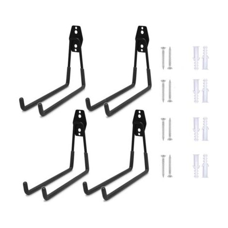 QORVA-Ensemble de 4 crochets de rangement doubles pour garage, crochets muraux robustes en acier pour outils électriques, échelles, pelles et balais. Vis d'expansion indépendantes incluses. (1/5)