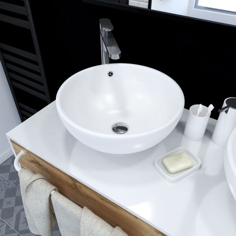 Aurlane – Vasque ronde en céramique blanche à poser – Diamètre 42 cm – Hauteur 18 cm – Trop-plein chromé – Perçage robinetterie (1/4)