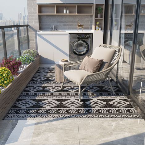 Tapis d’extérieur,tapis plastique imperméable,tapis de balcon à double face,pour terrasse,noir+gris,182 x 274 cm