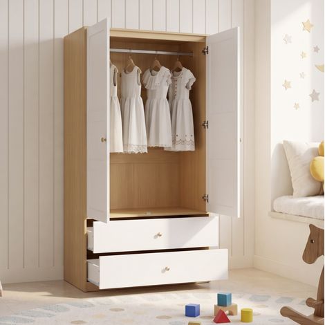 Armoire 100x48x180 cm avec 2 portes, 2 tiroirs et penderie, naturel et blanc (1/5)