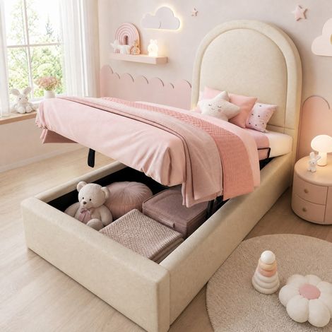 Letto contenitore per bambini 90x200 cm, con sollevamento idraulico e rete a doghe, in PU beige, senza materasso (1/5)