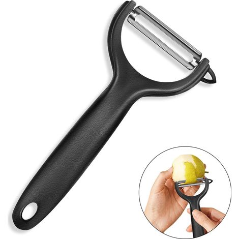 2pcs Epluche Legume，Eplucheur Pomme de Terre Inox Eplucheur Légumes Manuel Lame Dentée Eplucheur Tomate Pomme Poignée Ergonomique Couteau Econome Eplucheur (Noir) (1/5)