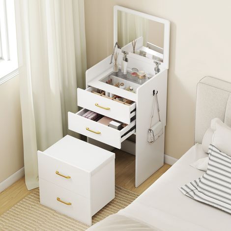 Coiffeuse 3 en 1 avec miroir, tabouret, 3 tiroirs, plateau vitré visible, coussin rembourré, 48x40x90 cm, blanc (1/5)