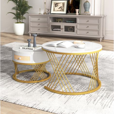 Set di 2 tavolini rotondi sovrapponibili, 70x45,5 cm e 50x38,5 cm, bianco e oro (1/5)