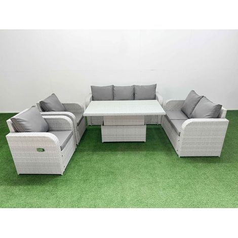Fimous PE Rattan Garden Furniture Set Reclining Chair Sofa Double Love Seat 2 Seater Sofa Lounge Set Adjustable Lifting Dining or Coffee Table Light Grey (1/5)