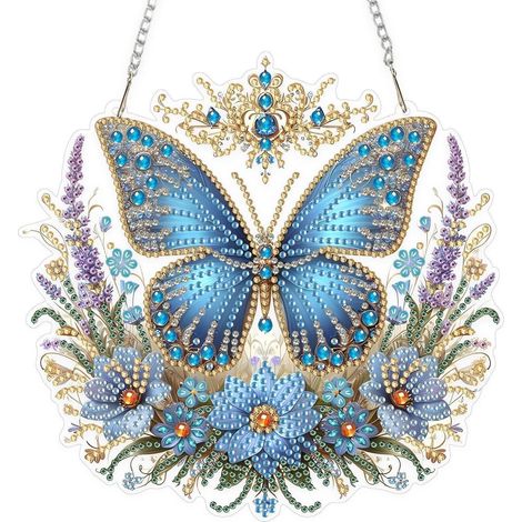 5D Diamond Painting Schmetterling Fensterbild mit Kette, DIY Diamant Malerei Anhänger blau
