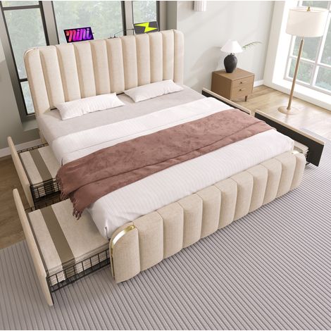 Cama doble 180x200 cm de lino beige, 4 cajones, USB y Type-C, colchón incluido - CHICFURN (1/5)