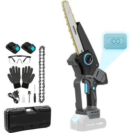 8" Astsäge. bürstenloser, bürstenloser Motor. 21v Akku. digitale Anzeige. Druckknopf-Schmiernippel. manuelle Ketteneinstellung. inklusive Transportkoffer, extra Kette und set de Zubehör.