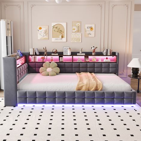 DESMIU Lit simple 90 × 200 cm 1 place avec rangement hydraulique, étagères, LED, USB et Type-C, sans matelas, en velours gris (1/4)
