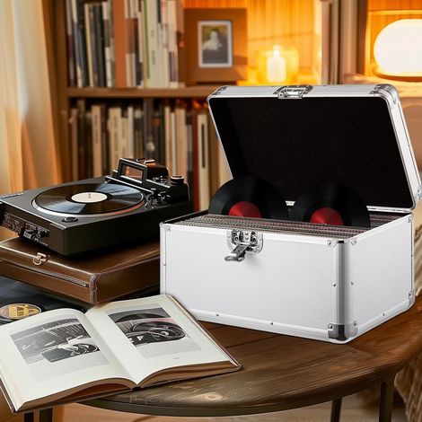 7" LP Vinyl Record Storage Box Case Aluminium Flight Case Lockable DJ Portable Carry Case Holds 200pcs Vinyl Record Albums (Silver) (1/4)