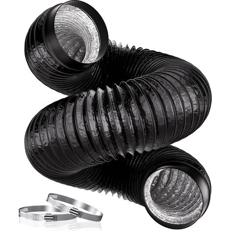 Tuyau d'évacuation d'air de 100 mm, tuyau en aluminium PVC de 3 m, avec 2 colliers de serrage pour hotte aspirante, ventilateur, sèche-linge, extracteur, noir (1/5)