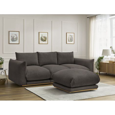 BOBOCHIC - Canapé droit fixe 3 places ERNEST tissu velours côtelé avec pouf Taupe (1/5)