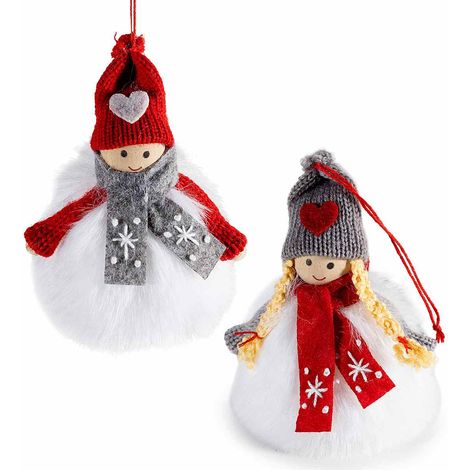 Angeli natalizi in stoffa e morbido eco-fur da appendere con sciarpina e cappellino con decoro cuore, set da 12 pezzi