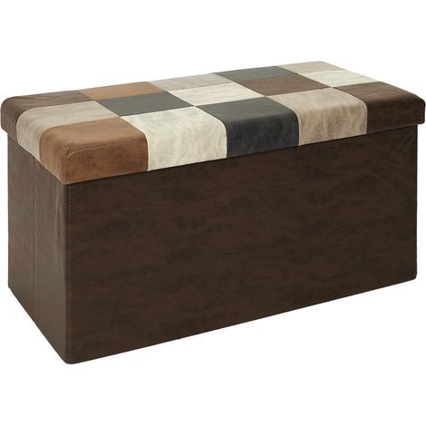 Banc Coffre Pliable Motif Patchwork Aspect Vieux Cuir (1/5)