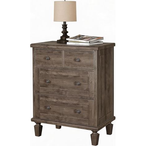 Grand Capacité de Rangement – Commode Vintage 4 Tiroirs en Bois – Pieds Ffuselés – Poignées Sculptées – Finition Bois Vieilli – Idéale Chambre, Salon, Entrée – Coloris Noir, Gris ou Marron Clair (1/5)