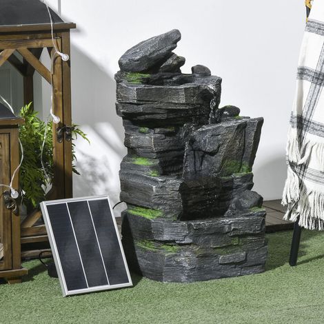 Gartenbrunnen, Steinoptik, 4-stufig, Solarbetrieb, LEDs, 57cm Höhe, Kunstharz, Grau/Braun