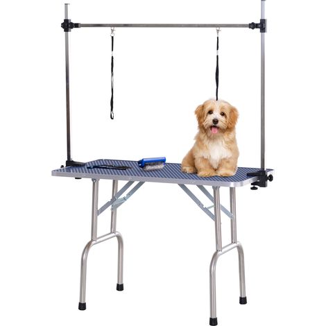 Tavolo da toelettatura per animali domestici PawHut, pieghevole, con ripiano portaoggetti, struttura in acciaio, altezza regolabile, 107x60x170 cm