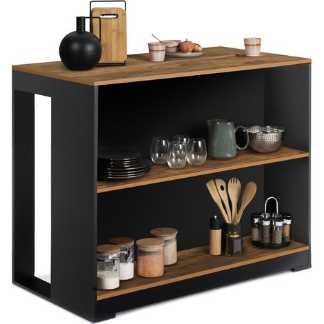 Idmarket – Table de bar îlot JUNO bois noir – Plateau foncé HAWKINS – Dimensions 113x60x90 cm – 2 étagères de rangement – Pour petits espaces