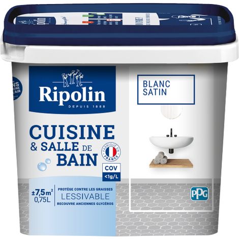 Peinture Murale spéciale Cuisine et Bain - Satin - 0,75L - Blanc - Ripolin (1/5)