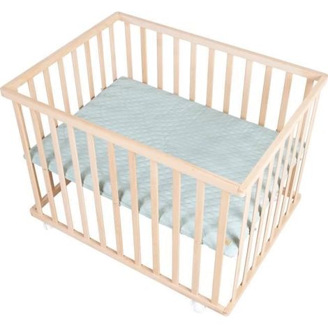 ROBA Babypark 75 x 100 cm aus massivem Buchenholz Bio + gefrostete grüne Matte + 4 Rollen mit Bremsen - höhenverstellbar - natur