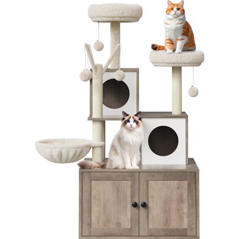 Arbre à chat 2-en-1 moderne avec meuble cache bac à litière – Condo, hamac, perchoir peluche doux, griffoir sisal – Mobilier bois multi-niveaux élégant – Armoire grise + arbre blanc, Cat litter cabine (1/5)
