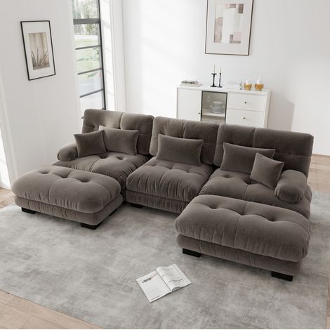 Divano modulare a U marrone in chenille con seduta profonda e pouf mobili (1/5)