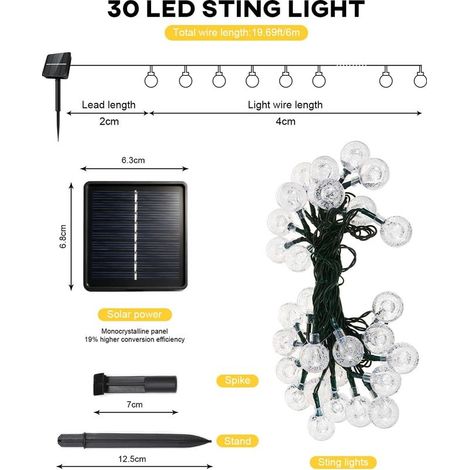 Solar-Lichterkette für den Außenbereich – 8 m – 30 LEDs – 8 Modi – IP65 – Wasserdichte Kristallkugeln – Für Garten, Balkon, Terrasse, Weihnachten, Hochzeiten, Partys, Bäume – Warmweiß (1/5)