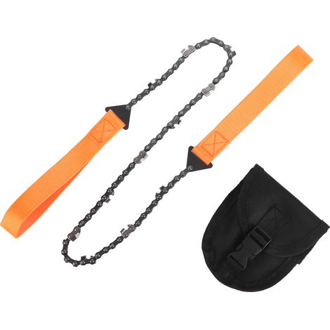 Scie à chaîne manuelle de poche 11 dents, outil de survie portable pour couper du bois, équipement de camping et randonnée avec poignées orange.
