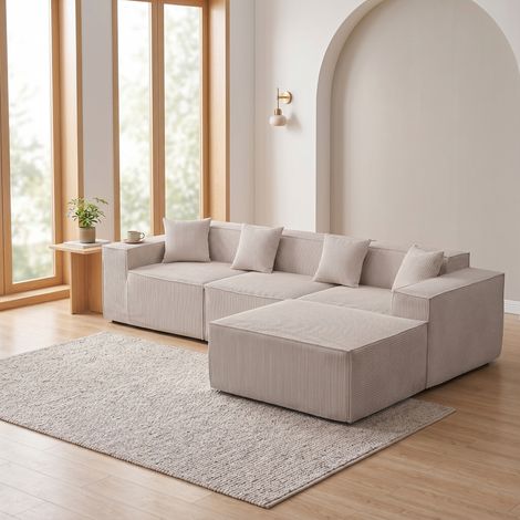 Modulares Ecksofa und transformierbares Schlafsofa in L-Form (279 cm), tiefe Sitzfläche mit hochelastischem Schaumstoff, beige Cordoua-Stoff, montagefrei, ideal für das Wohnzimmer