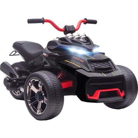 Quad électrique pour enfants, voiture électrique 12 V, 3 roues, 2 moteurs, lecteur MP3, klaxon, 2 vitesses (3-5 km/h), noir