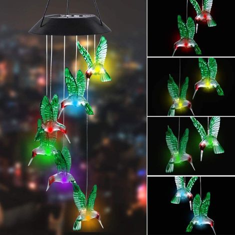 Solarbetriebene Lichterkette mit Vögeln und Glöckchen, windmontiert, farbwechselnd, wasserdicht, schwarzes LED-Gehäuse für Garten und Balkon [ABS 70 cm 250 g Farbverlauf 1 Stück] (1/5)