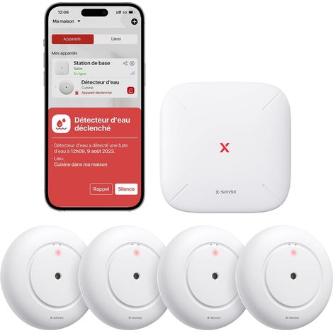Kit Détecteurs de Fuite d’Eau avec Base SBS50, SWS55 Alarme 110 dB, Portée jusqu’à 500 m, pour Cuisine, Salle de Bain ou sous-Sol (1/5)