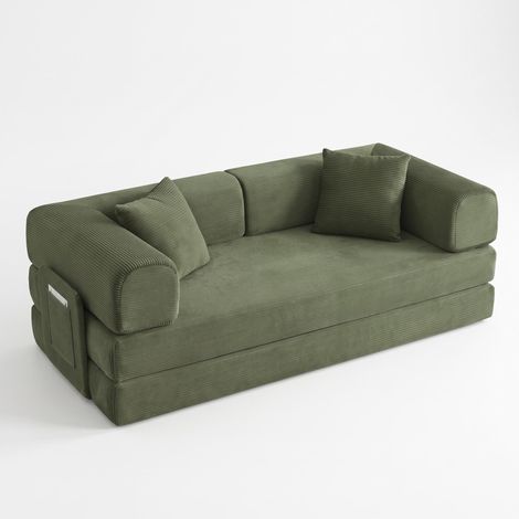 FurnitureR Grünes Cord Schlafsofa Boden Sofa Klappbar Modular, Grünes Cord-Schlafsofa mit weicher Schaumstoffpolsterung, flexibel wandelbar für Sitzen und Schlafen. (1/5)