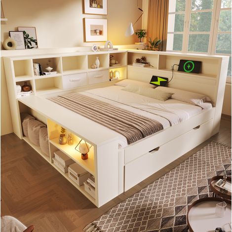 Lit avec lit gigogne 140x200 cm blanc en bois avec rangements et ports de charge (1/5)