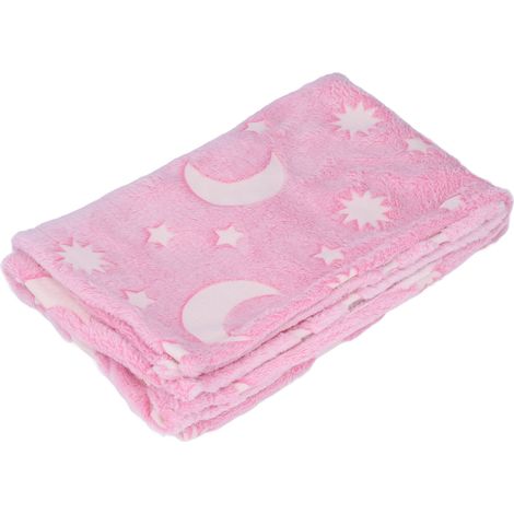 Couverture lumineuse 1,5 x 2 m en flanelle double face, motif étoiles et lune, douce et phosphorescente pour enfants, rose (1/5)