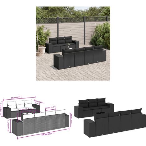 8-tlg. Garten-Sofagarnitur mit Kissen Schwarz Poly Rattan - Gartenmöbel Set - PE-Rattan Möbel - Outdoor Lounge - Esstisch Set - Balkonmöbel - Home & Living (1/3)
