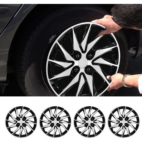 Lot de 4 enjoliveurs 14 pouces, protection élégante, R14, universels, compatibles avec la plupart des voitures, camions et SUV, argent et noir. (1/4)