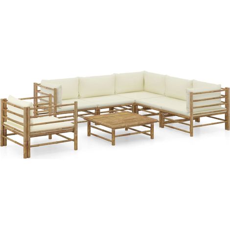 7-tlg. Garten-Lounge-Set mit Cremeweißen Kissen Bambus