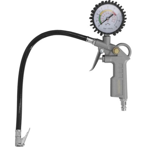 Pistola per gonfiaggio pneumatici con manometro Ø75mm (15 Bar) e tubo flessibile lungo 34cm (1/5)