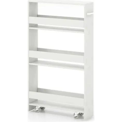 Chariot de rangement fin blanc avec 4 étagères ouvertes et roulettes dont 2 verrouillables pour cuisine, bureau et salle de bain (1/5)