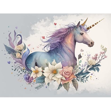 Papier peint panoramique Enfants - Licorne fleurs - 130 cm x 98 cm (1/2)