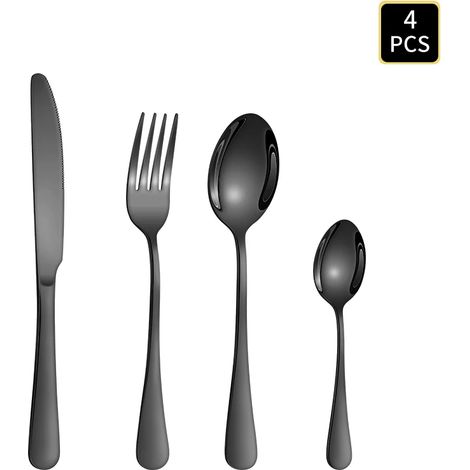 Ensemble de couverts en acier inoxydable (4 pièces, noir) : couteau à manche rond, fourchette et cuillère (modèle 1010). (1/2)