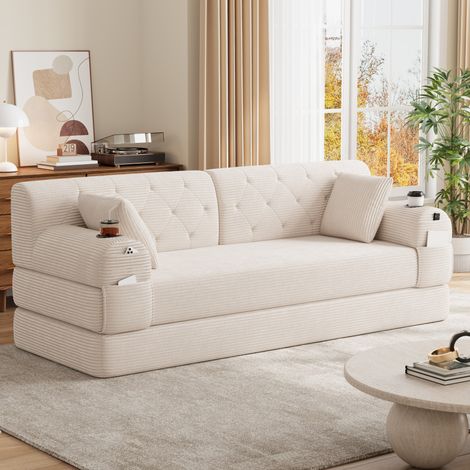 Divano letto a 3 posti in velluto a coste beige con schienale alto e 2 portabicchieri (1/5)