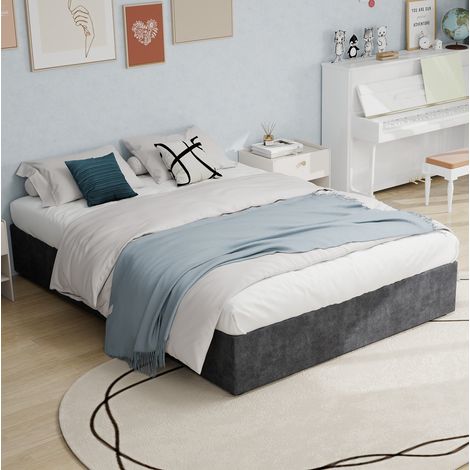 Bett Stoff Grau 160x200 cm mit gepolstertem Kopfteil und Lattenrost (1/5)