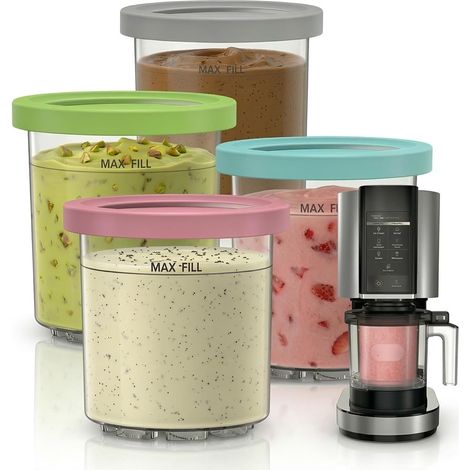 Paquete de 4 recipientes de repuesto para Ninja Creami serie NC301, recipientes de 16 oz con tapas, compatibles con NC300 NC299AMZ, sin BPA, accesorio a prueba de fugas para proteínas congeladas y pre (1/5)