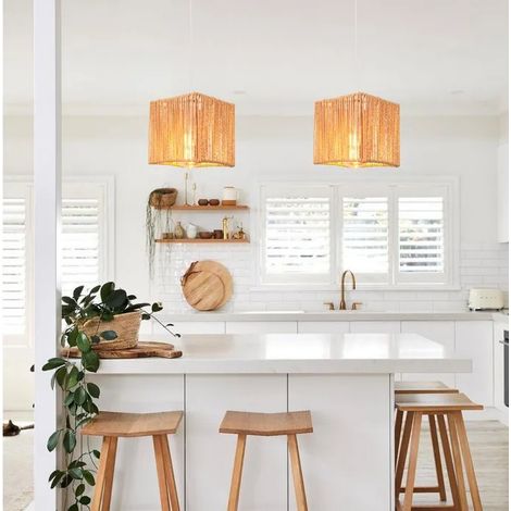 2pcs Suspension Luminaire Industriel,Lustre Vintage en Rotin et Métal Abat-jour Design Carré E27 Plafonnier pour Salon (1/5)