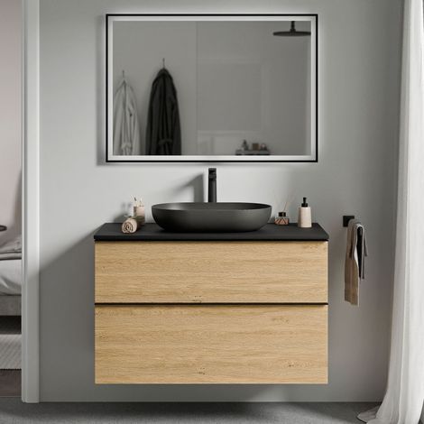 BERNSTEIN - Mueble lavabo suspendido MDF roble miel, encimera de lavabo negro mate, tirador cromado 100x46x62cm - LAVOA cromo, Roble Miel Oro, Negro mate