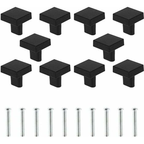 Set of 10 Black Door Knobs, Square Solid Brass Cabinet Knobs, Vintage Kitchen Furniture Handles with Screws for Cabinets, Cupboards, and Drawers (Black) (1/5)